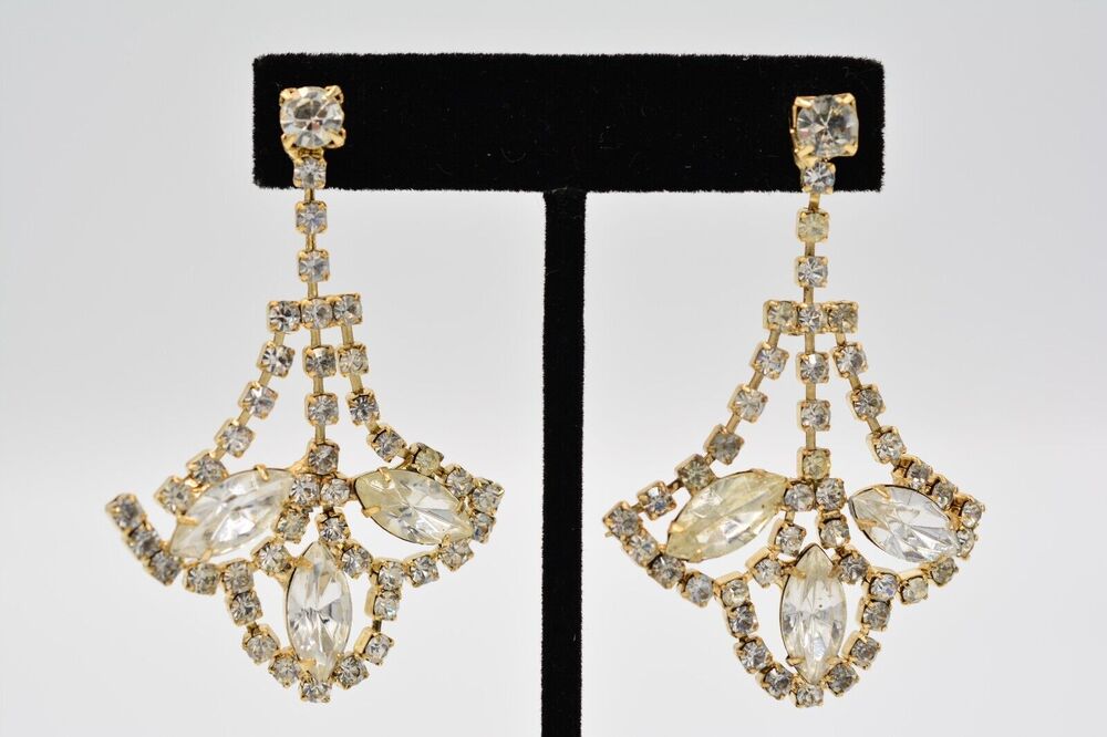 Vintage Crystal Earrings Prong Marquise Rhinestone Gold Tone Dangle 1980s BinAF